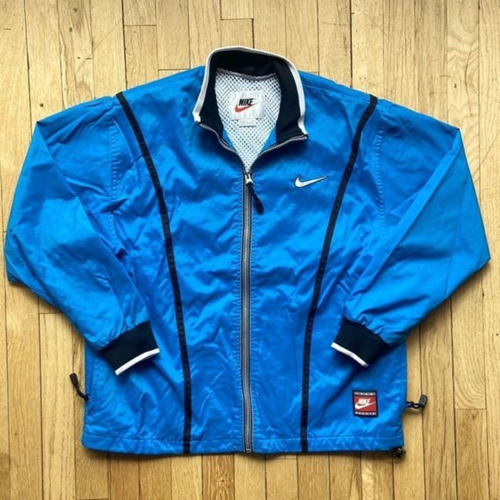 Vtg Nike Womens Bomber Jacket Size Large Full Zip‎ Blue Black 90s Swoosh